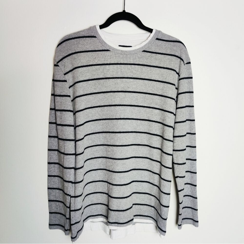 Zara Men's Grey Striped Crewneck Pullover Sweater w Contrast Hem Detail, Size L